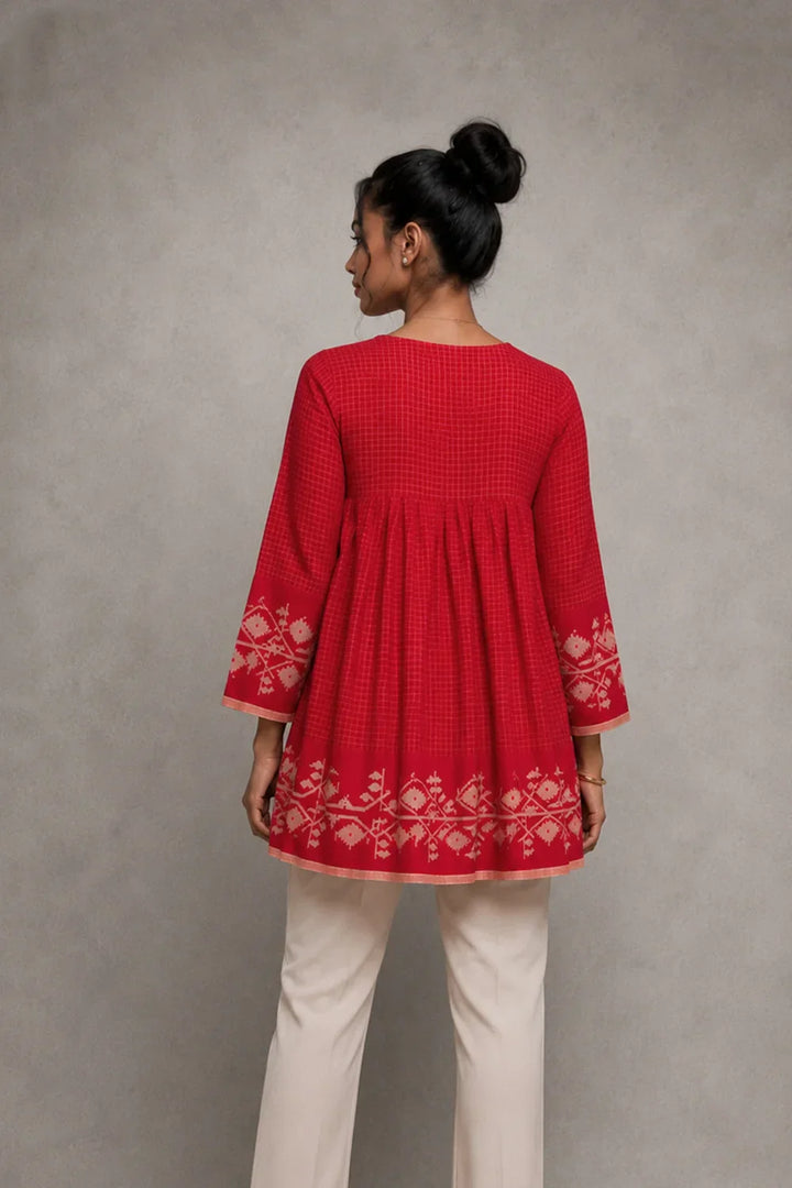 Scarlet Red Handwoven Pure Cotton Jamdani Top | SHOBITAM