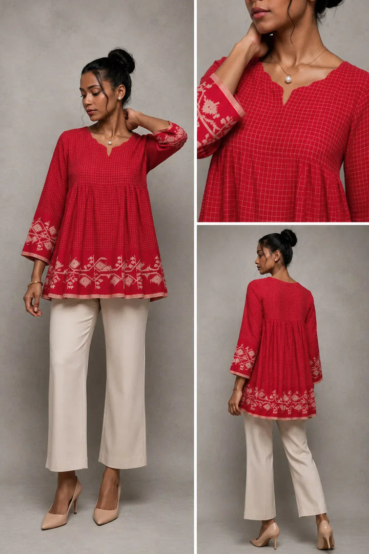 Scarlet Red Handwoven Pure Cotton Jamdani Top | SHOBITAM