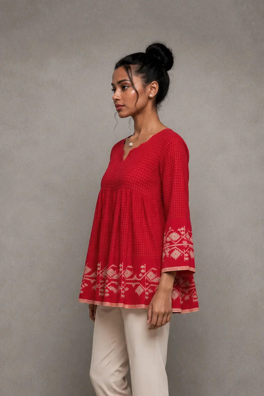 Scarlet Red Handwoven Pure Cotton Jamdani Top | SHOBITAM
