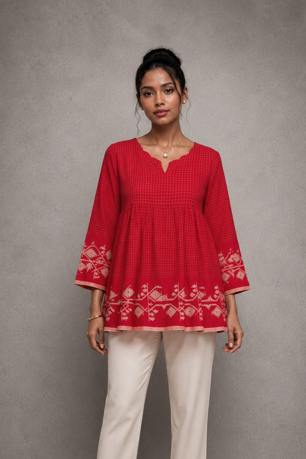 Scarlet Red Handwoven Pure Cotton Jamdani Top | SHOBITAM