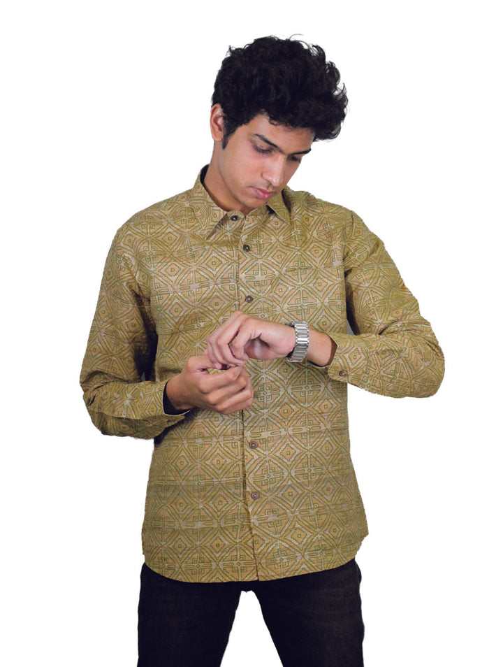 Men's Shirt in Pure Gicha Tussar in Khahi color with Hand Block Print | SILK MARK  CERTIFIED