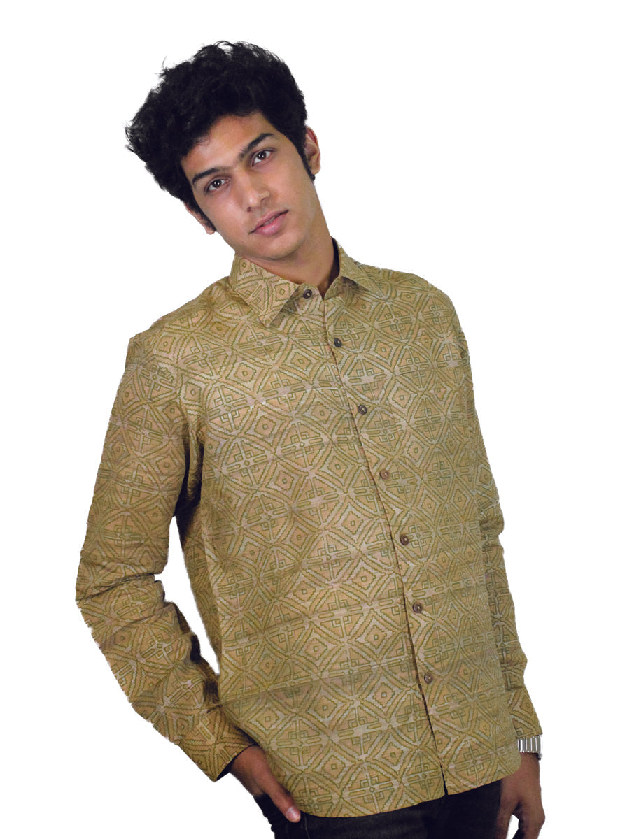 Men's Shirt in Pure Gicha Tussar in Khahi color with Hand Block Print | SILK MARK  CERTIFIED