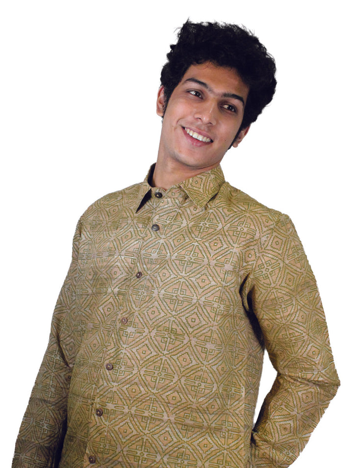 Men's Shirt in Pure Gicha Tussar in Khahi color with Hand Block Print | SILK MARK  CERTIFIED