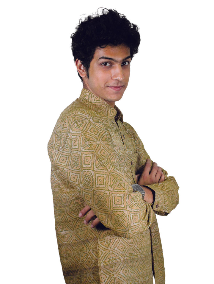 Men's Shirt in Pure Gicha Tussar in Khahi color with Hand Block Print | SILK MARK  CERTIFIED