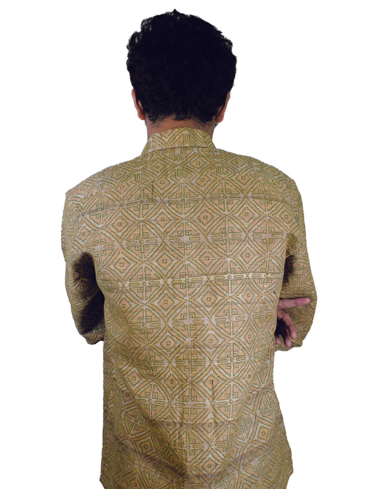 Men's Shirt in Pure Gicha Tussar in Khahi color with Hand Block Print | SILK MARK  CERTIFIED