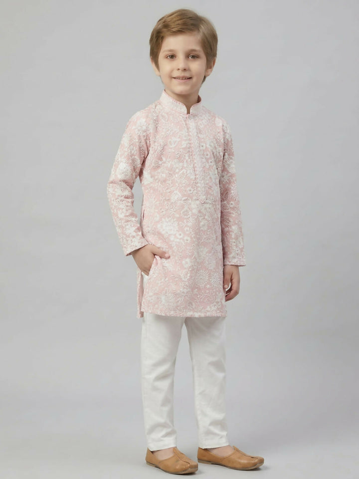 Boys Embroidered Light Pink Kurta Pajama Set | SHOBITAM