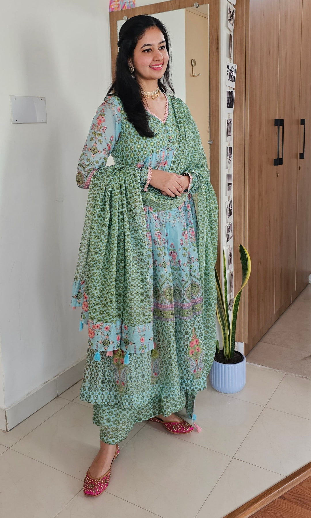 APARAJITA Green Sharara Cotton Embroidered and Mirrorwork Kurta Set Of 3