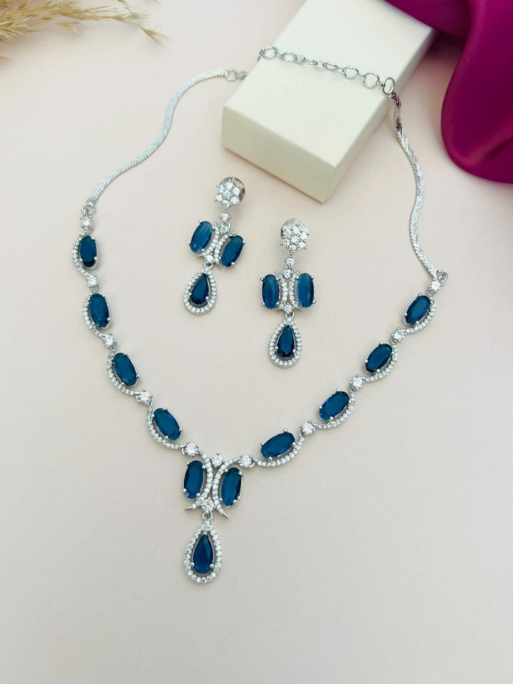 Silver Tone Diamond Look Necklace Set with Earrings | SHOBITAM