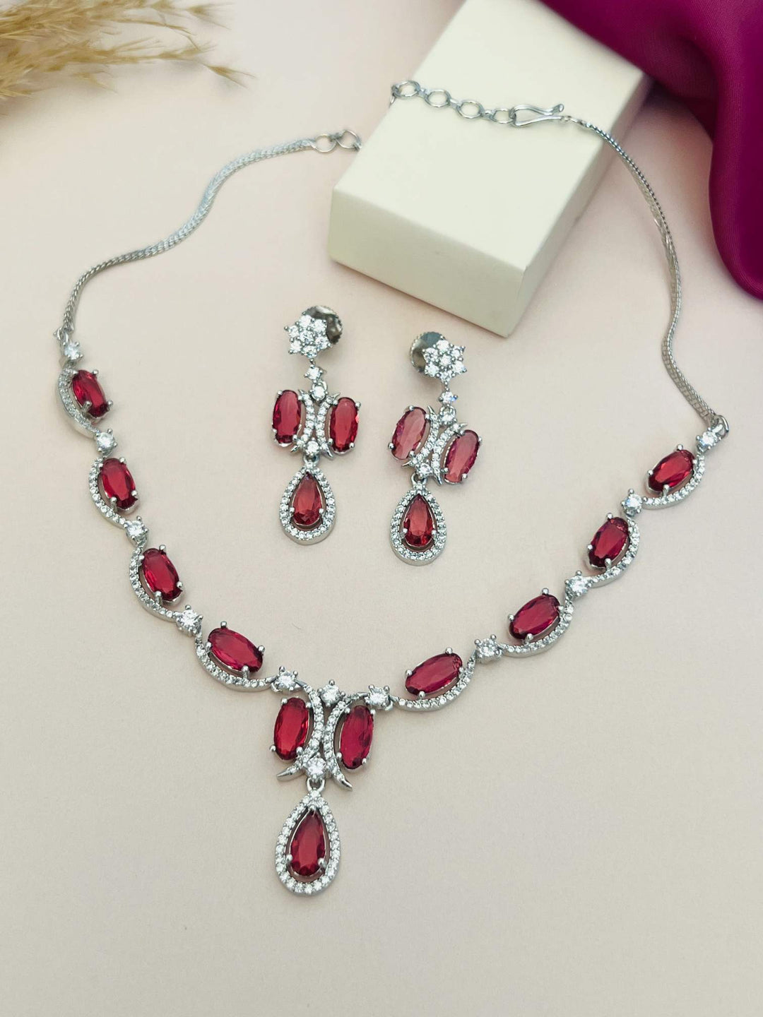 Silver Tone Diamond Look Necklace Set with Earrings | SHOBITAM
