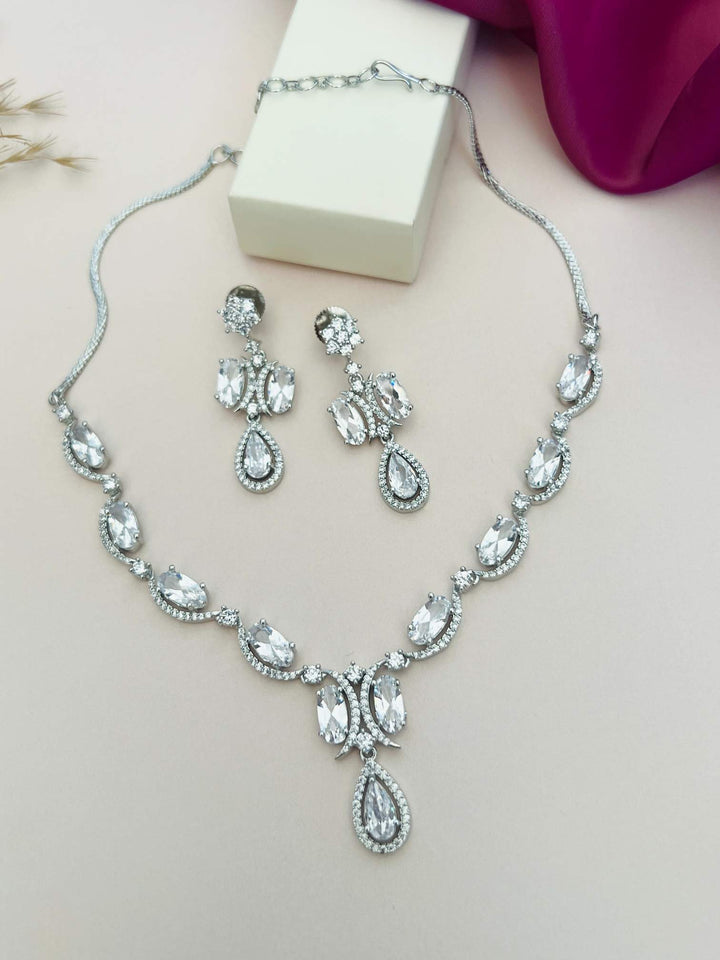Silver Tone Diamond Look Necklace Set with Earrings | SHOBITAM