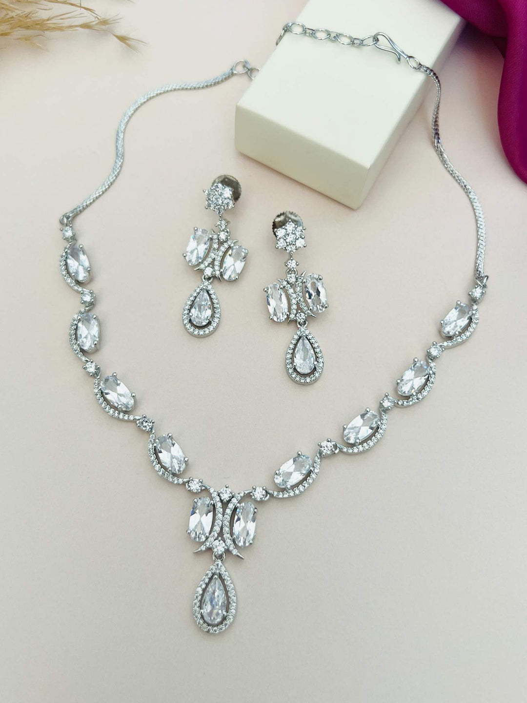 Silver Tone Diamond Look Necklace Set with Earrings | SHOBITAM