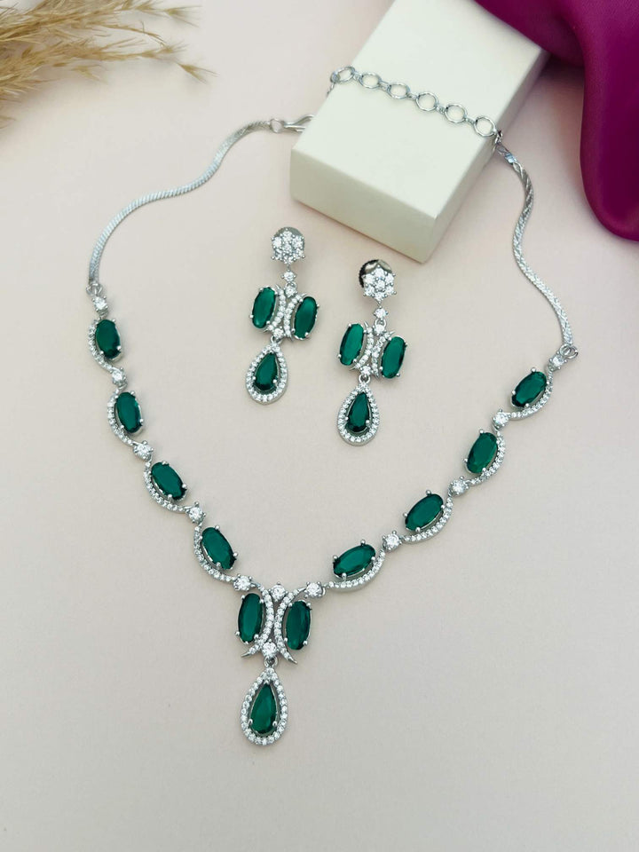 Silver Tone Diamond Look Necklace Set with Earrings | SHOBITAM