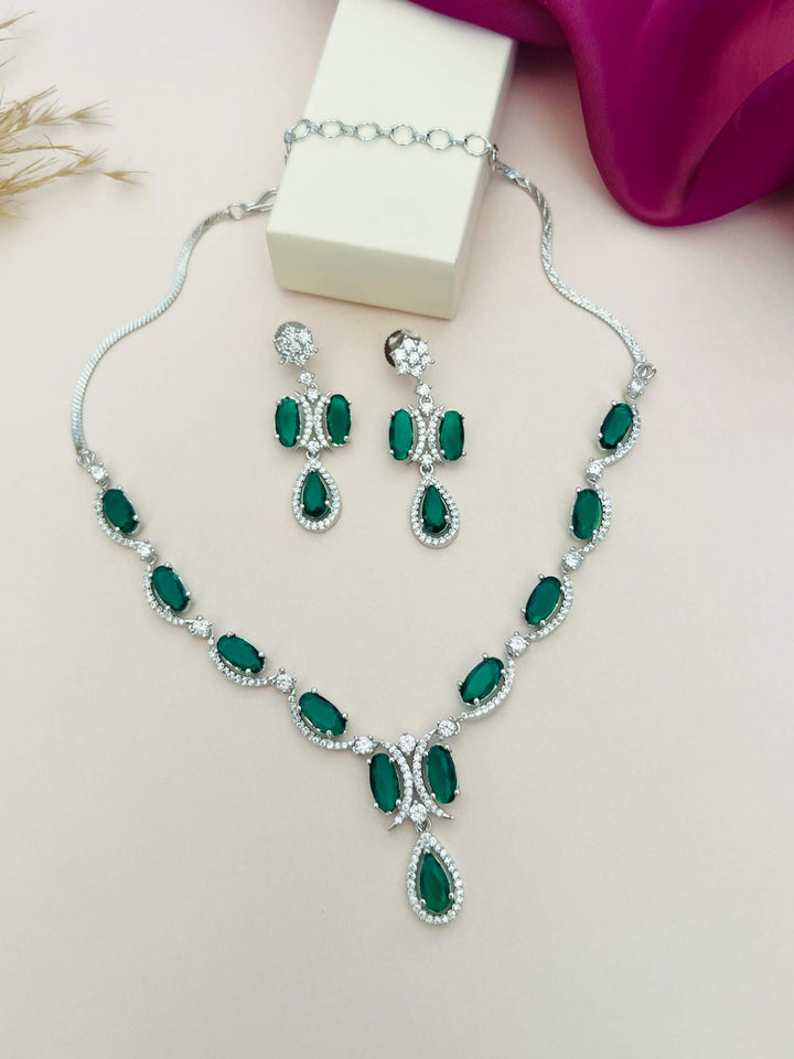 Silver Tone Diamond Look Necklace Set with Earrings | SHOBITAM