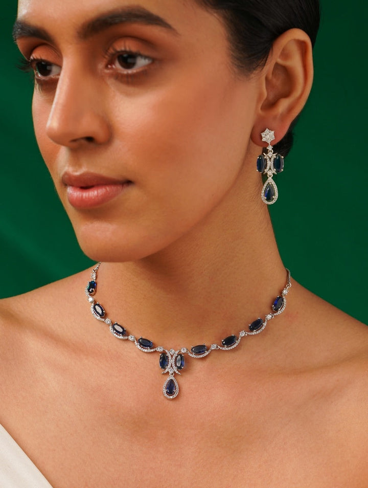 Silver Tone Diamond Look Necklace Set with Earrings | SHOBITAM