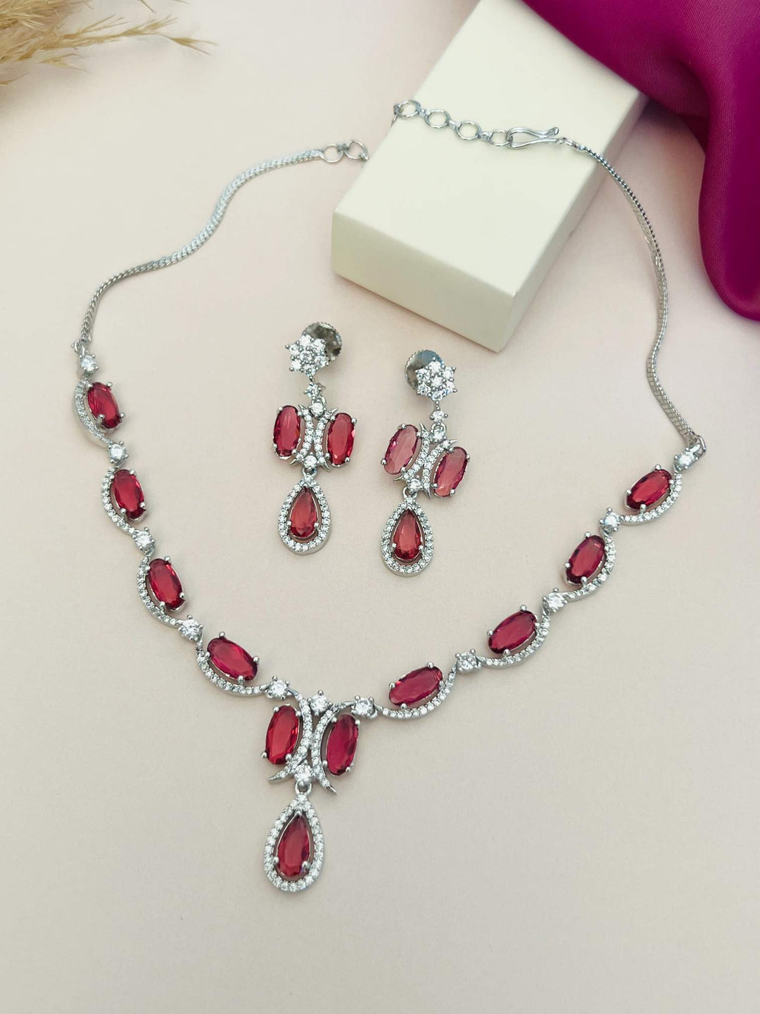 Silver Tone Diamond Look Necklace Set with Earrings | SHOBITAM