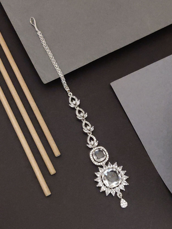 Silver Plated American Diamond Round Maangtikka | SHOBITAM