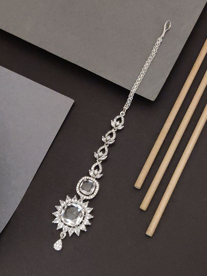 Silver Plated American Diamond Round Maangtikka | SHOBITAM