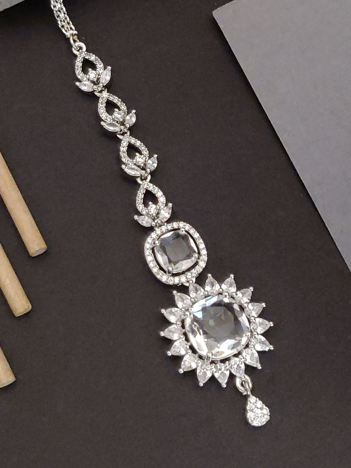Silver Plated American Diamond Round Maangtikka | SHOBITAM