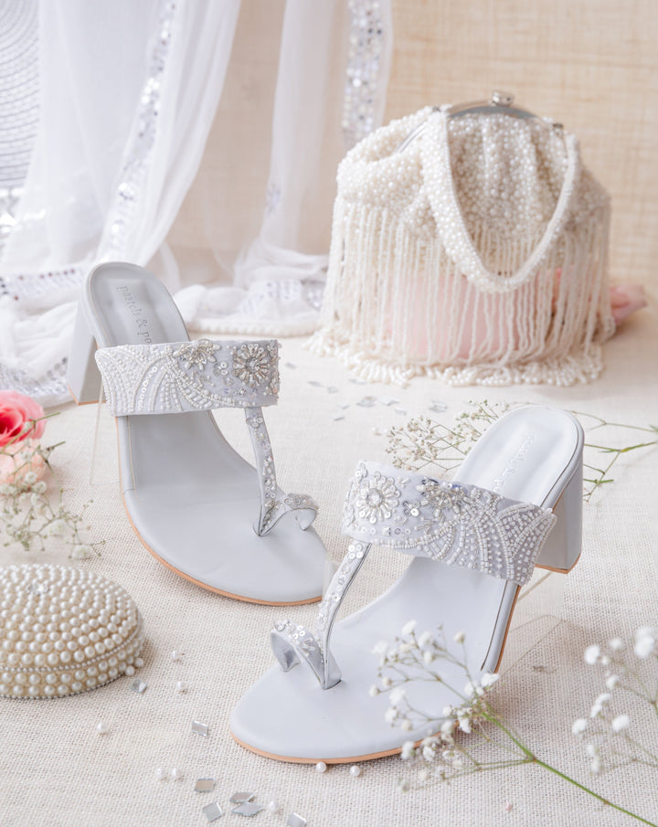 Apsara White Pear and Silver Embroidery Kolhapuri Footwear