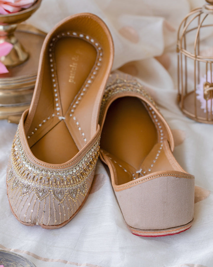 AURORA Hand-Embroidered Champagne Gold Sequin and Bugle Bead Jutti | SHOBITAM