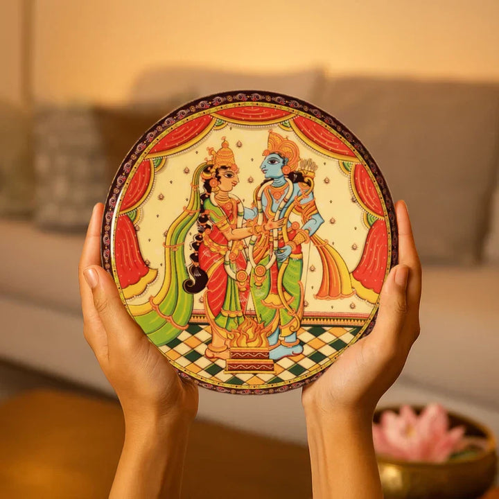 Sita-Ram Wedding Diwali Pattachitra Wall plate with Wooden Stand - 12 inches