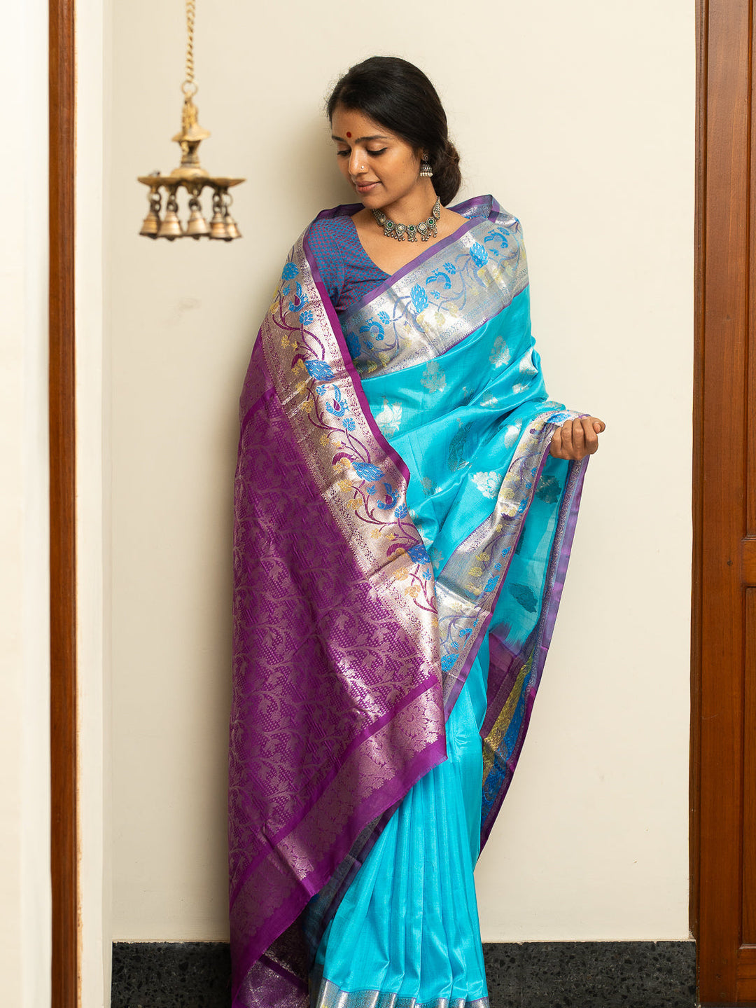 Sky Blue Venkatgiri Silk Saree Ambar | SILK MARK CERTIFIED | SHOBITAM