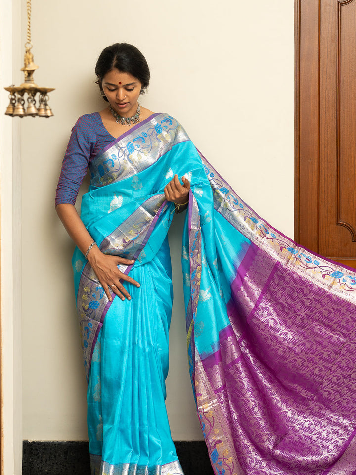Sky Blue Venkatgiri Silk Saree Ambar | SILK MARK CERTIFIED | SHOBITAM