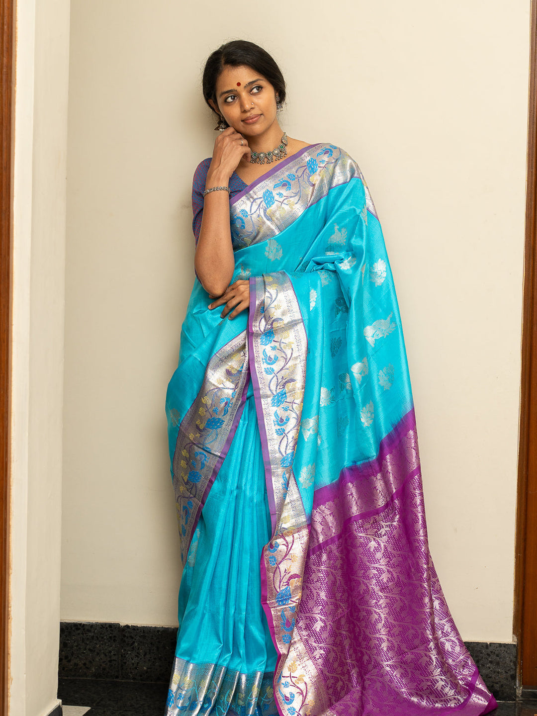 Sky Blue Venkatgiri Silk Saree Ambar | SILK MARK CERTIFIED | SHOBITAM