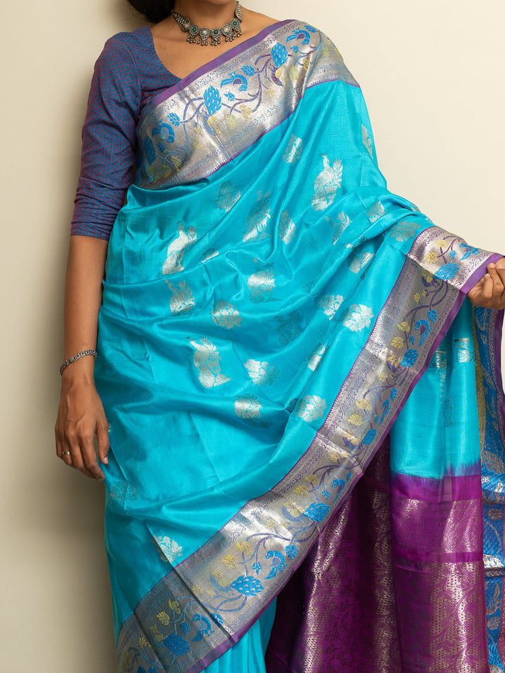 Sky Blue Venkatgiri Silk Saree Ambar | SILK MARK CERTIFIED | SHOBITAM