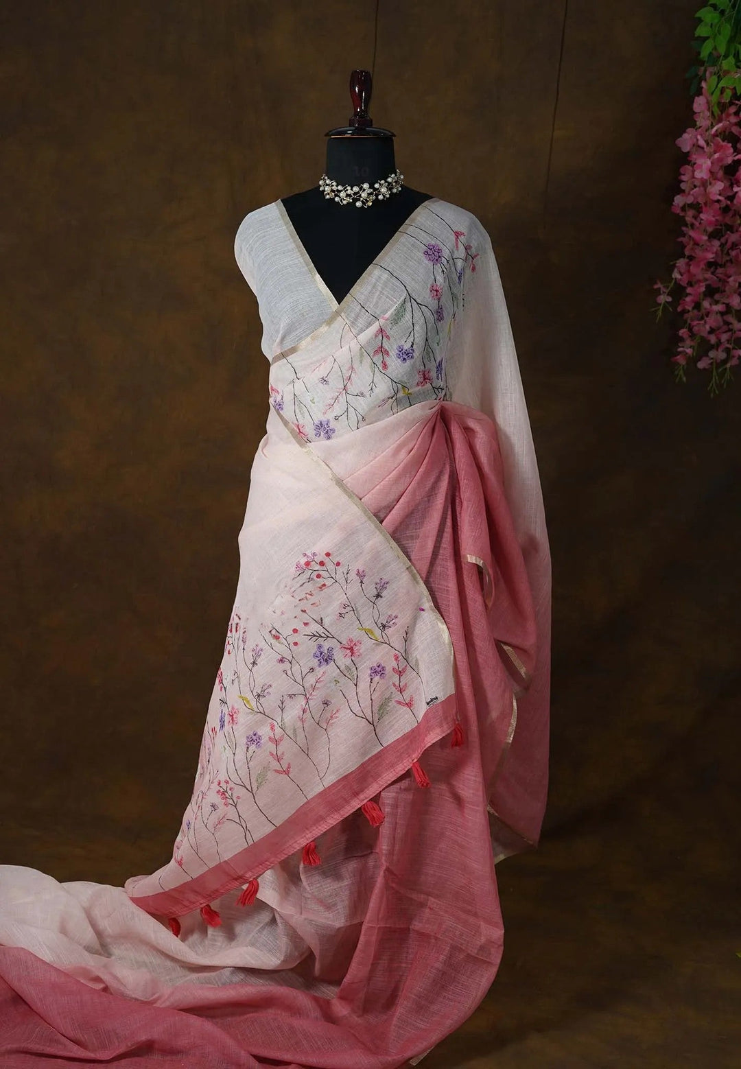 Preorder : Linen Cotton Saree with Gradient Ombre tone and Floral Digital Prints | SHOBITAM