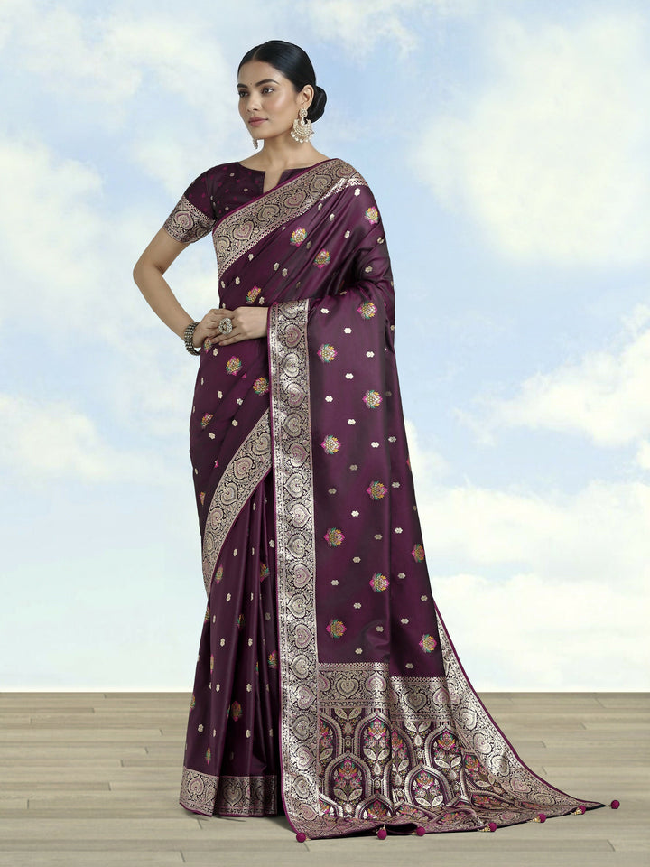 Wine Banarasi Zari Woven Satin Silk Saree | SHOBITAM