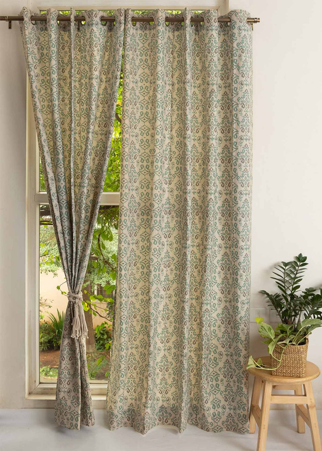 Spice Route 100% cotton geometric curtain for bed room - Room darkening - Multicolor - Single Piece | SHOBITAM