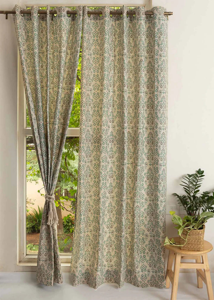 Mint And Chillies 100% cotton geometric curtain with Ikkat Print-Customizable for size, lining and headers