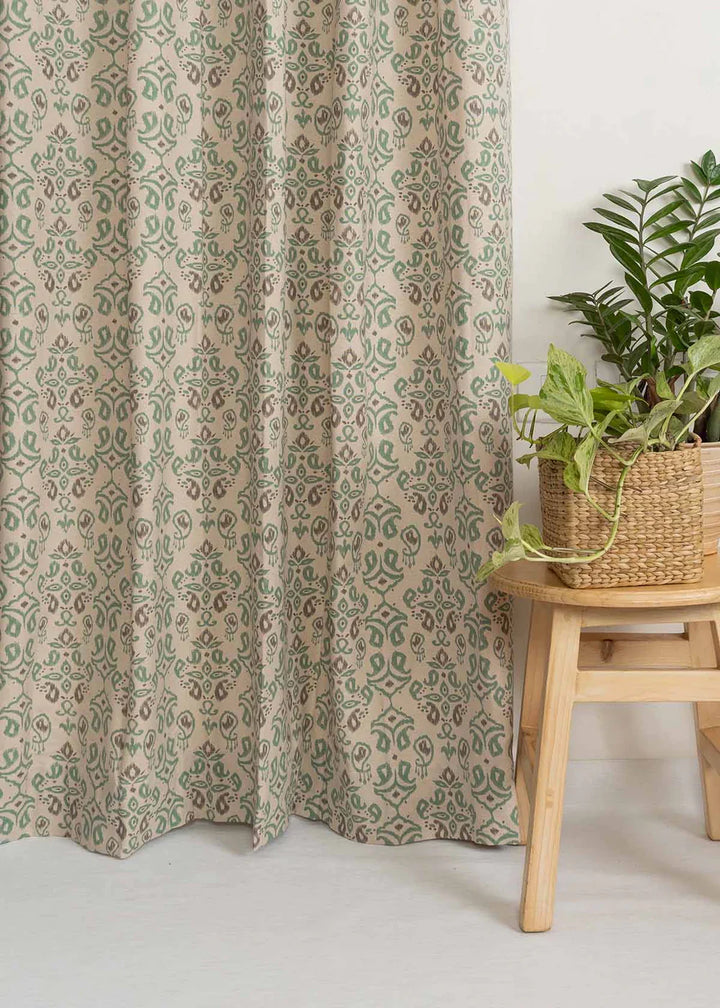 Mint And Chillies 100% cotton geometric curtain with Ikkat Print-Customizable for size, lining and headers