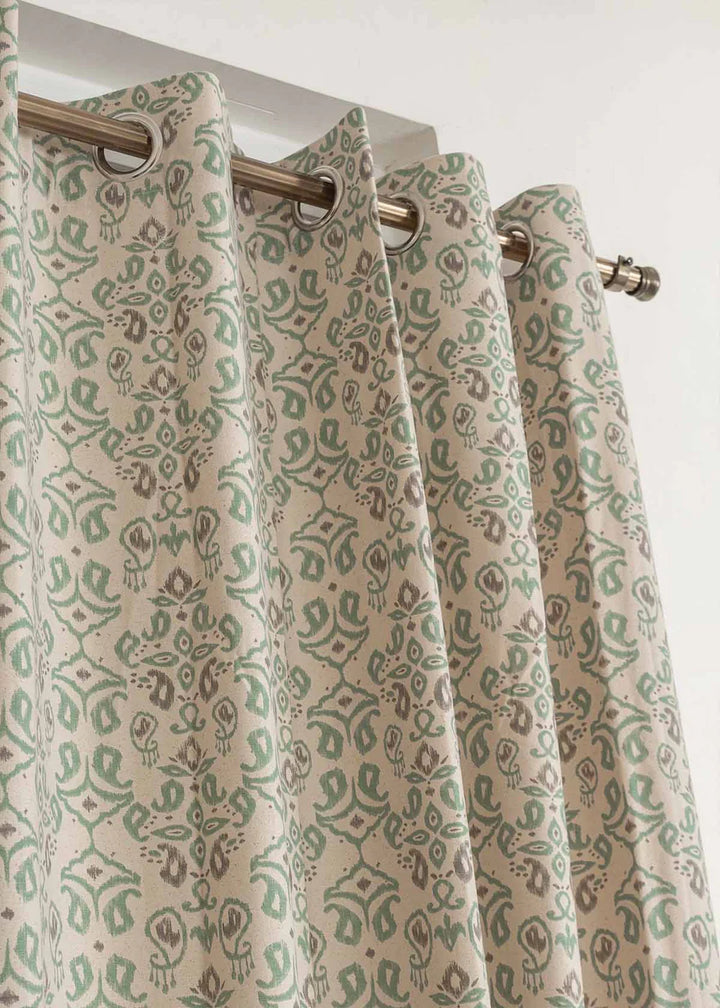 Mint And Chillies 100% cotton geometric curtain with Ikkat Print-Customizable for size, lining and headers
