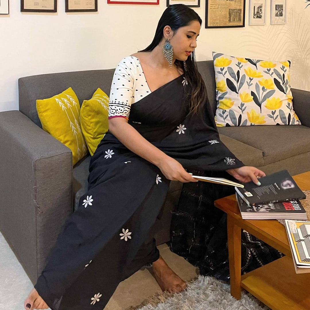Kantha Kohl Stitch Floral Saree in Mul Cotton | SHOBITAM