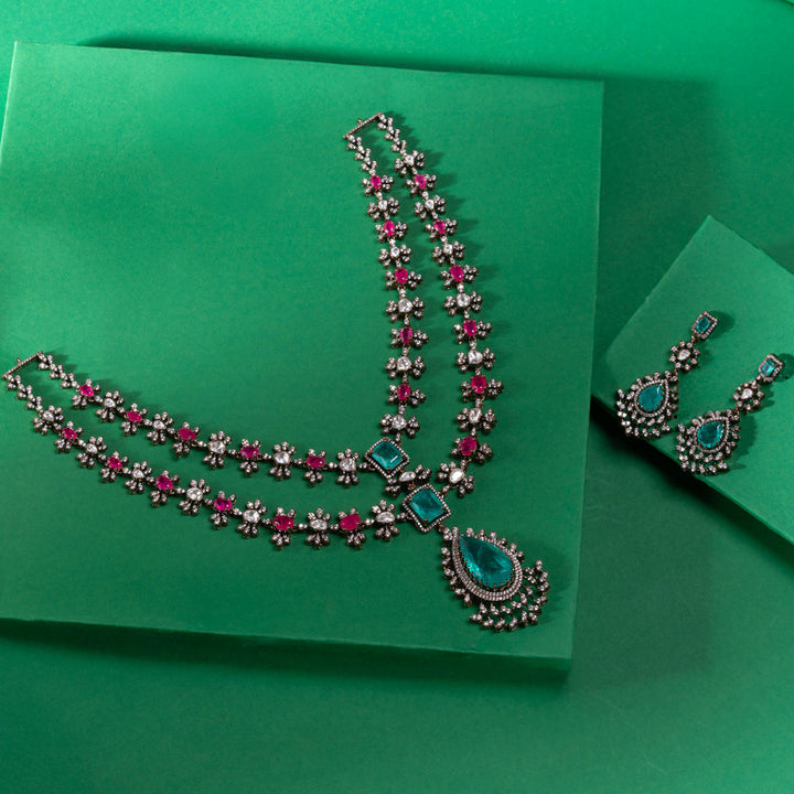 Pure 92.5 Silver, 2 layer Victorian Necklace set With Pink and White Stones