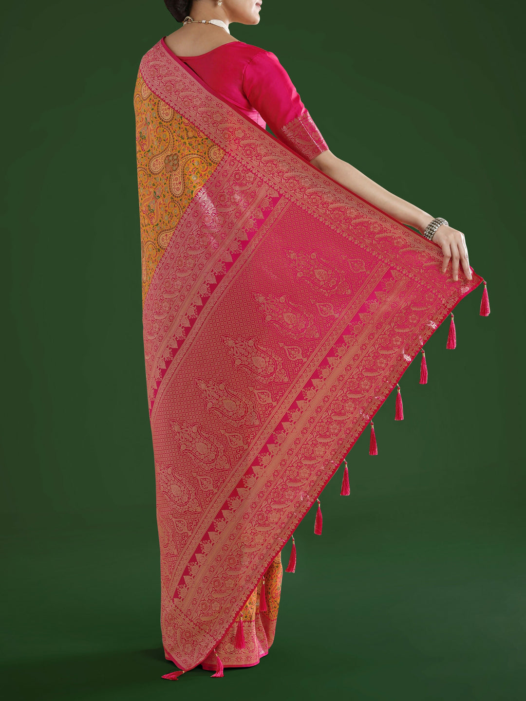 Mustard Banarasi Semi Silk Saree With Traditional Paisley Weaves | SHOBITAM