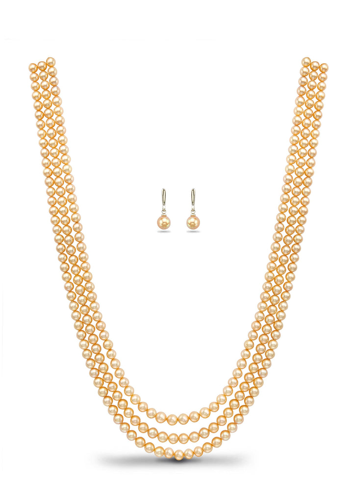 CP 1352 Three Strand Golden Saltwater Akoya Pearls Necklace Set