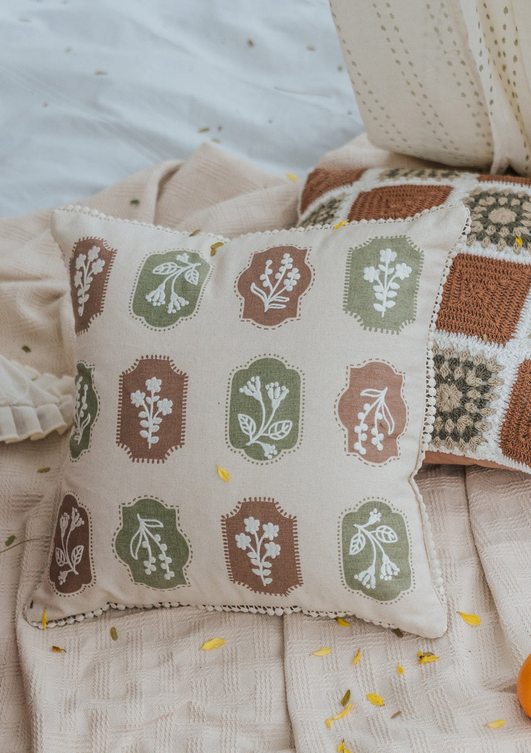 Stamps Green & Rust Floral Embroidered Cushion Cover for Sofa – 100% Cotton 16" x 16" | SHOBITAM