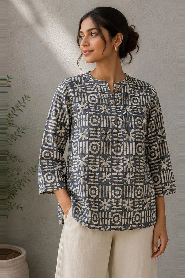 Stone Blue Hand Batik Khadi Cotton Top | SHOBITAM