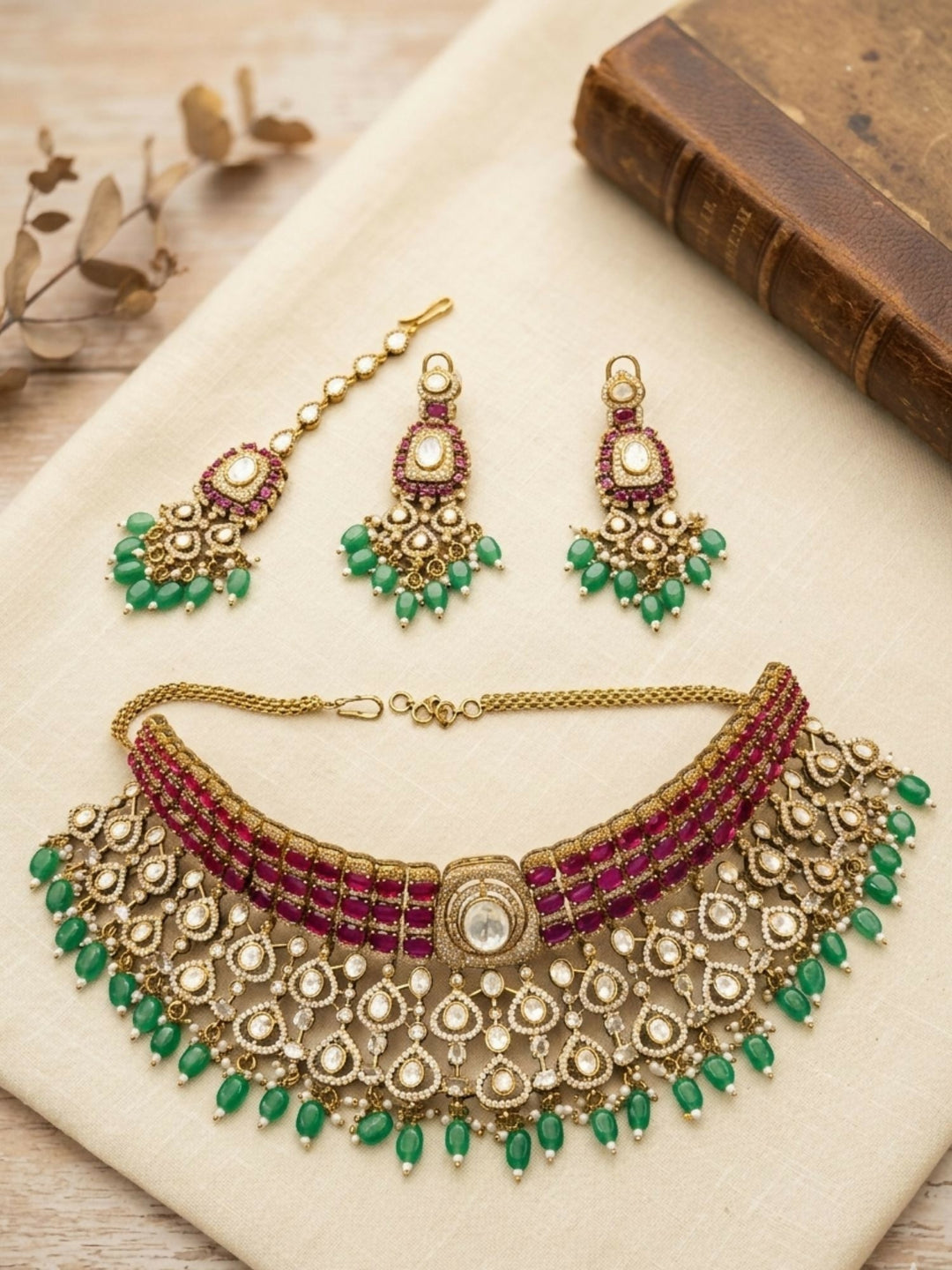 Royal Kundan & Emerald Bridal Choker Set with Maangtikka | SHOBITAM