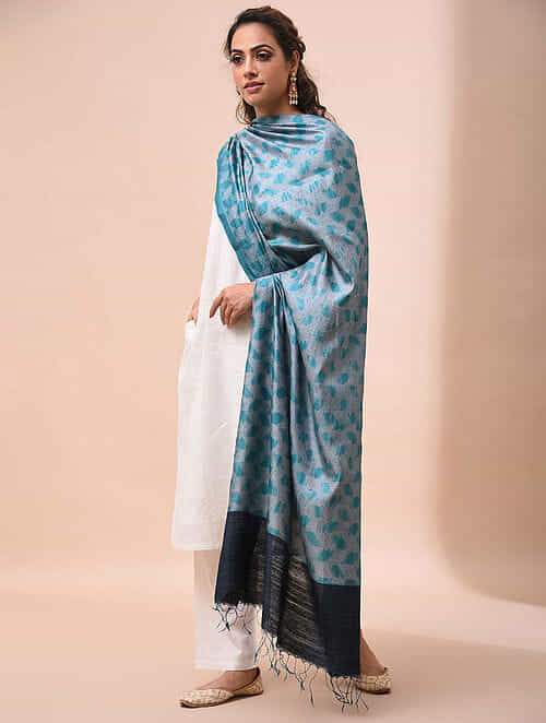 Dupatta : Teal Blue Shibori Tussar by Spun Silk Dupatta | SHOBITAM