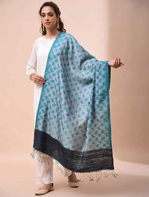 Dupatta : Teal Blue Shibori Tussar by Spun Silk Dupatta | SHOBITAM