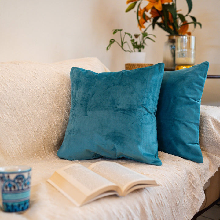 Neeraya Suede Cushion Covers Aqua, 16" x 16", Pack of 2 | SHOBITAM