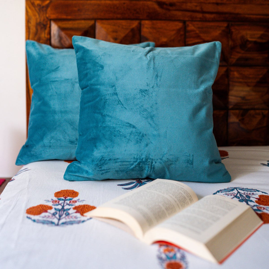 Neeraya Suede Cushion Covers Aqua, 16" x 16", Pack of 2 | SHOBITAM