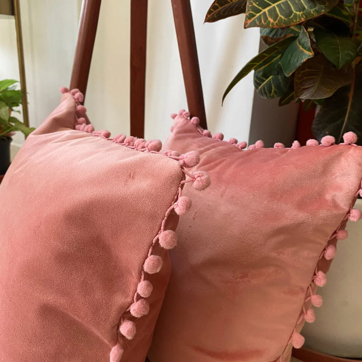 Suede Pompom Rosewood Cushion Covers, 16" x 16", Pack of 2
