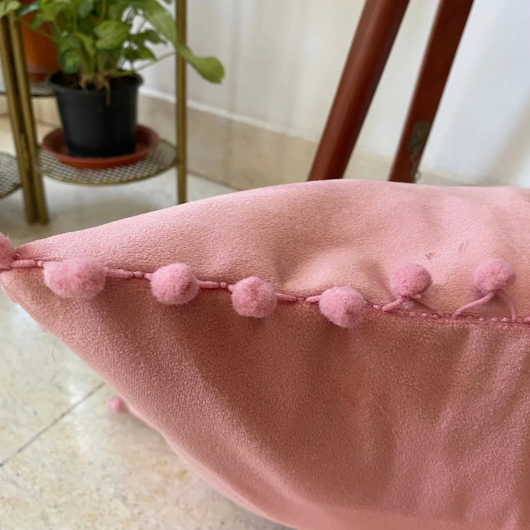 Suede Pompom Rosewood Cushion Covers, 16" x 16", Pack of 2