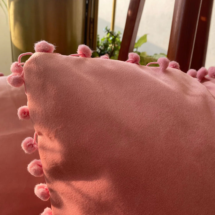 Suede Pompom Rosewood Cushion Covers, 16" x 16", Pack of 2