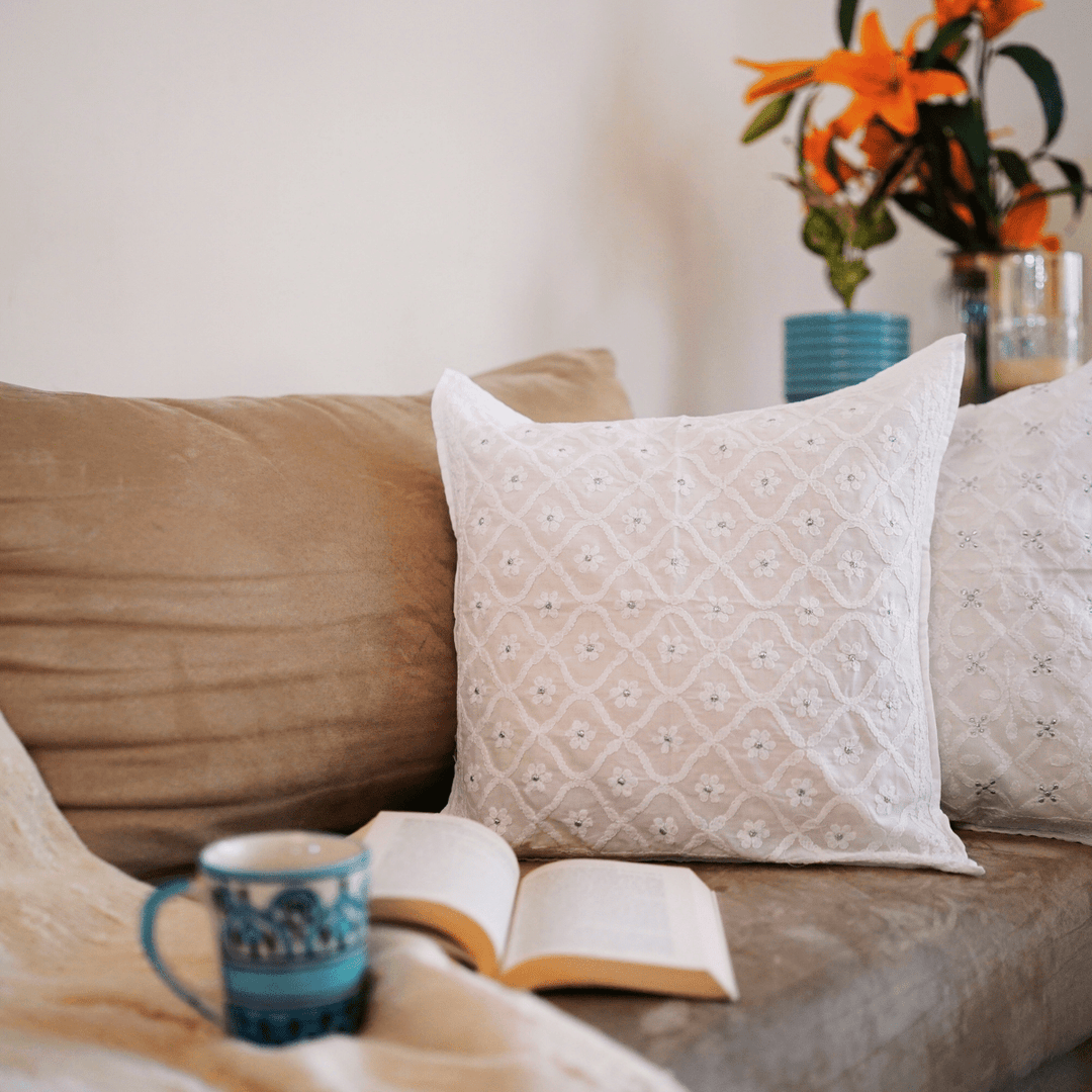 Meera White Chikankari Cushion Cover |SHOBITAM